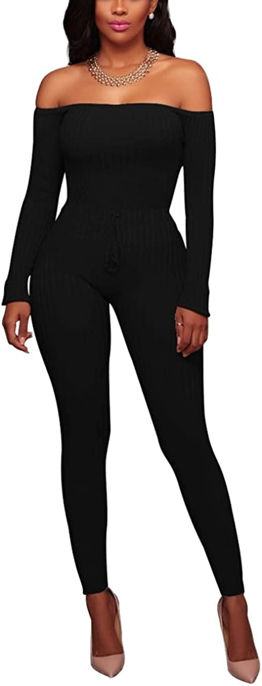 Womens Sexy off Shoulder Tights Leggings Jumpsuits - Bodycon Long Sleeve Skinny Long Pants Rompers Clubwear
