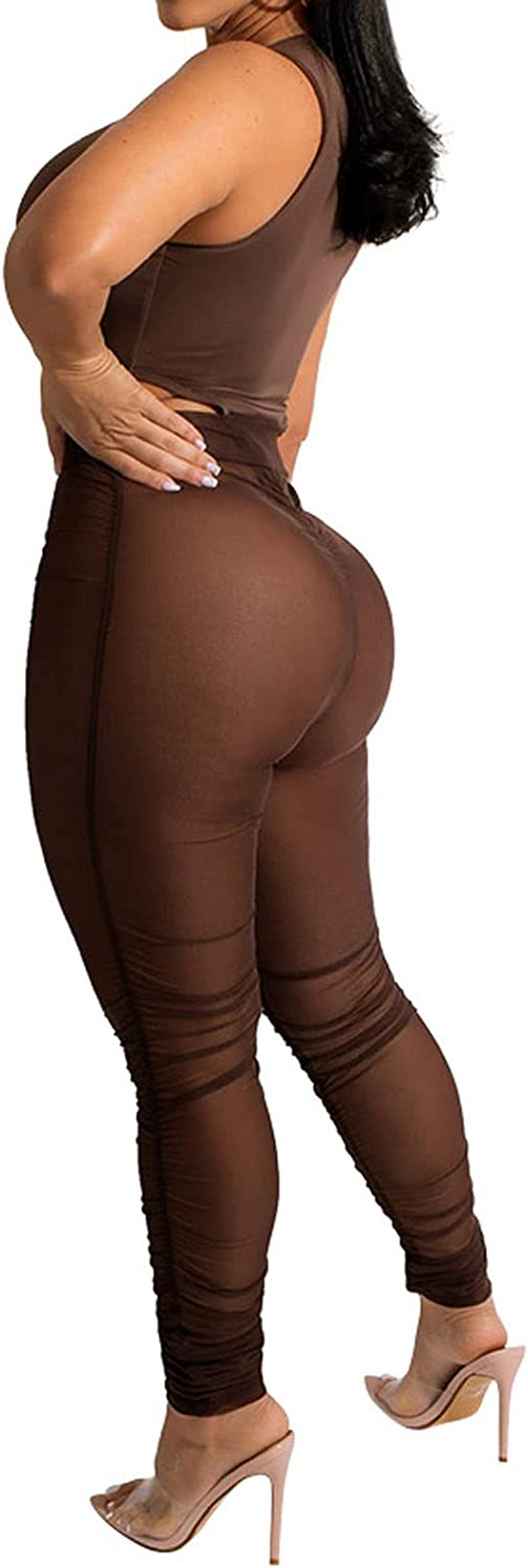 Women Sexy See through Two Piece Jumpsuit Long Sleeve Bodysuit Sheer Mesh Skinny Long Pants Set Night Club Romper
