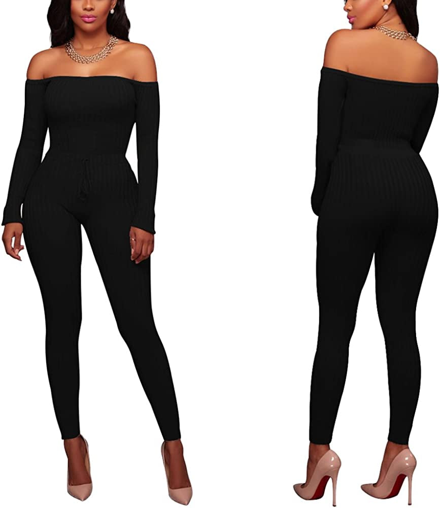 Womens Sexy off Shoulder Tights Leggings Jumpsuits - Bodycon Long Sleeve  Skinny Long Pants Rompers Clubwear
