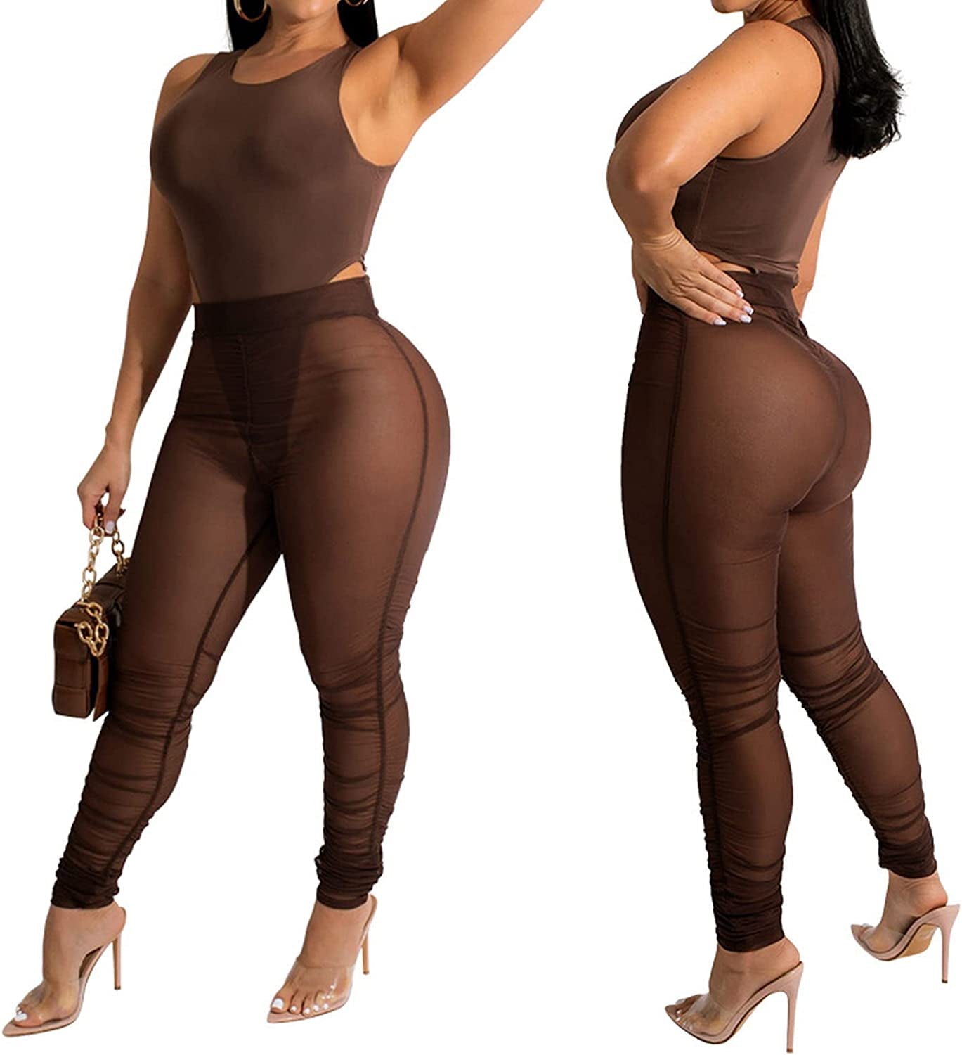 Women Sexy See through Two Piece Jumpsuit Long Sleeve Bodysuit Sheer M –  Flawless Studio