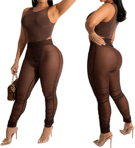 Women Sexy See through Two Piece Jumpsuit Long Sleeve Bodysuit Sheer Mesh Skinny Long Pants Set Night Club Romper