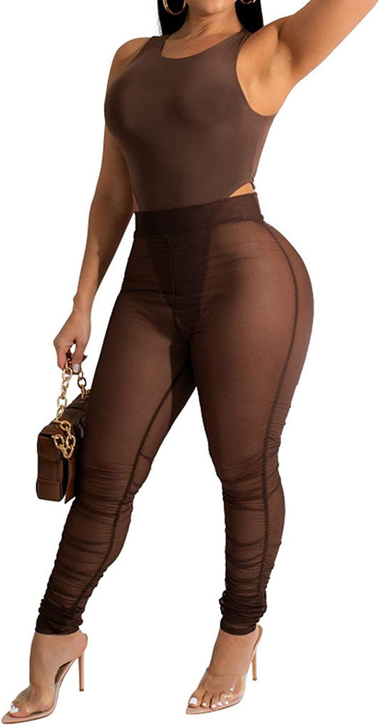 Women Sexy See through Two Piece Jumpsuit Long Sleeve Bodysuit Sheer Mesh Skinny Long Pants Set Night Club Romper